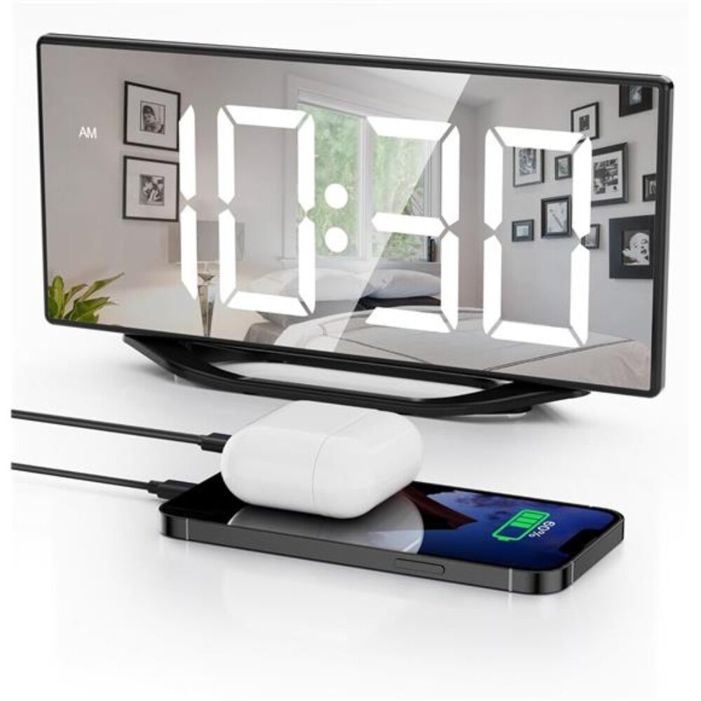 Digital Alarm Clock Large LED Mirror Bedside Desk Clock Dual USB Charging Ports